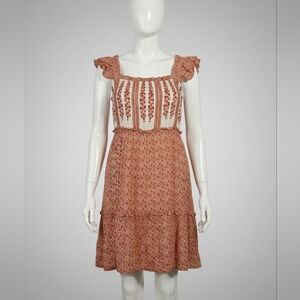 Rustic Floral Mini Dress with Ruffle Sleeves